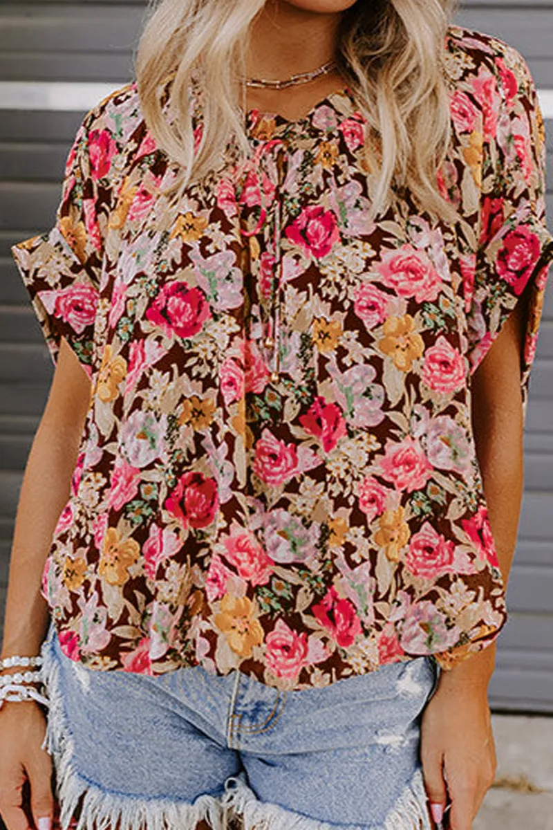 Floral Crew Neck Short Sleeve Blouse