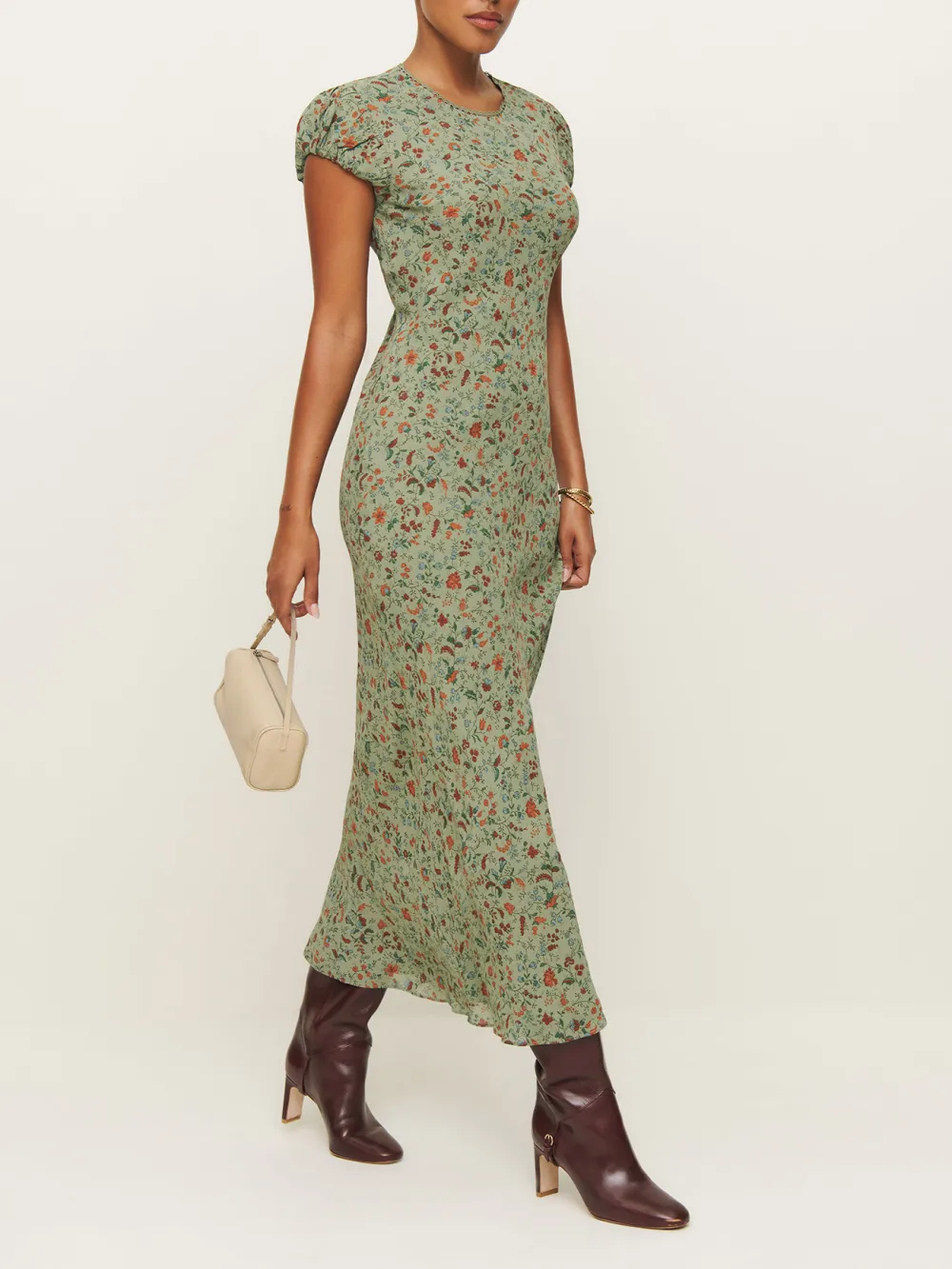 Floral Print Ruched Asymmetric Midi Dress