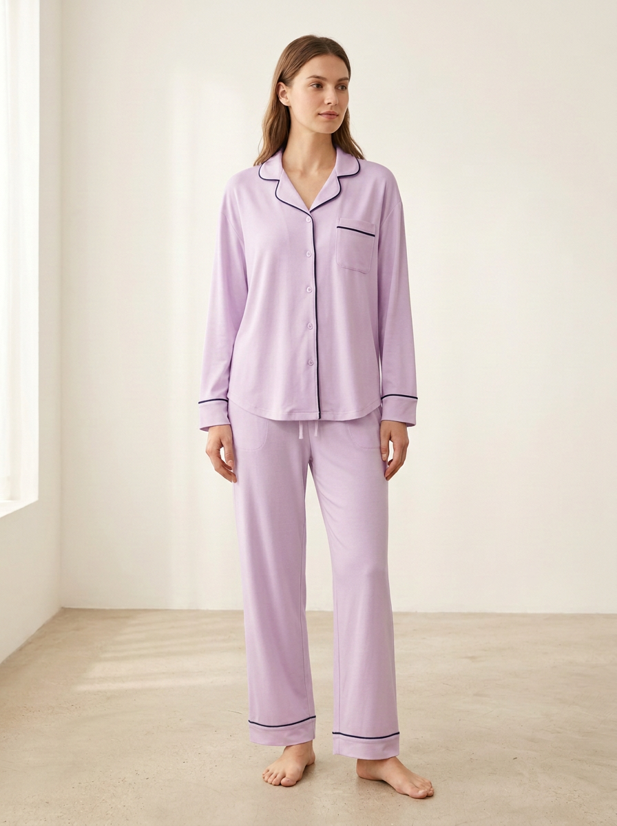 Women's Notched-Lapel Chest-Pocket Drawstring Pajama Set
