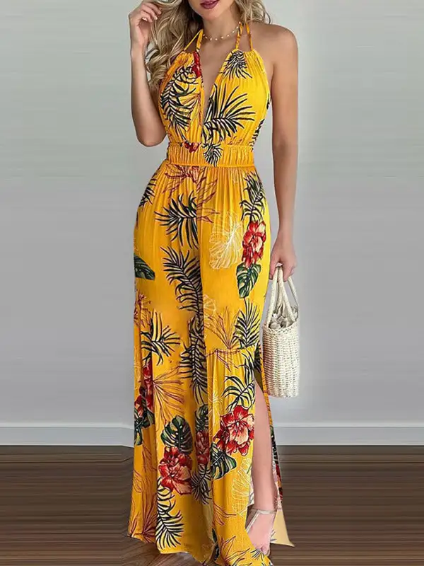 Irregular Printed Halter Neck Jumpsuit