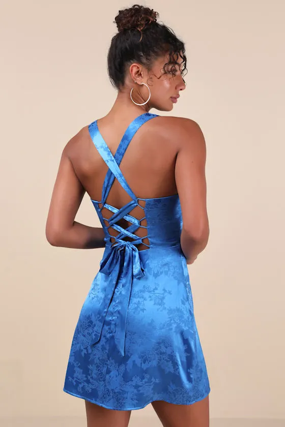 Exquisite Outlook Blue Floral Jacquard Satin Lace-Up Mini Dress