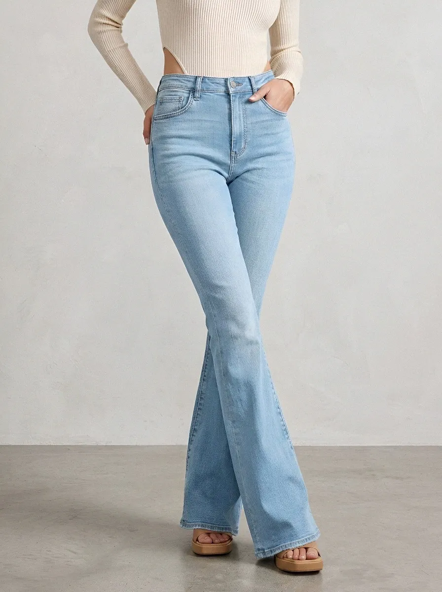 Clean-Line Modern Women's High-Waist Stretch Flare Jeans