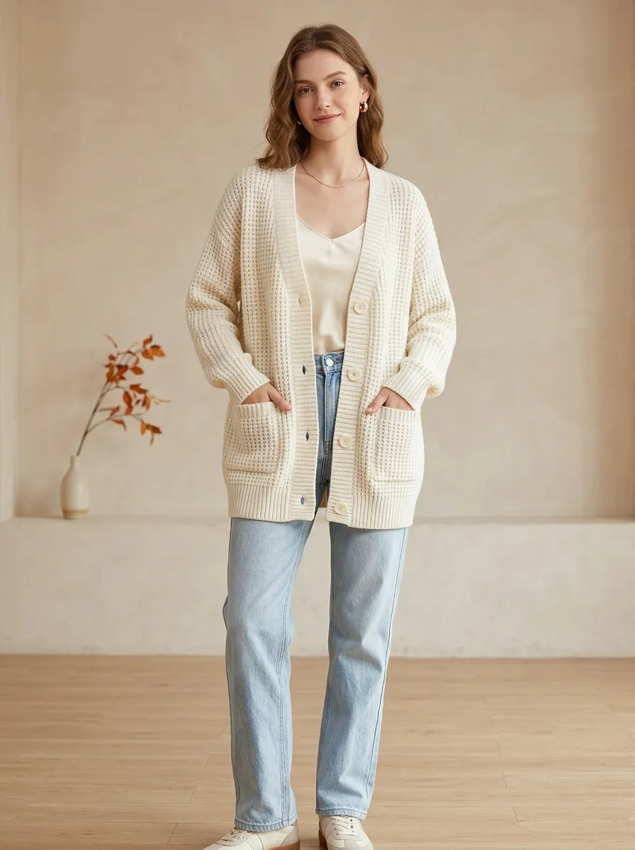 Women's Casual Cream Waffle Knit Button Down Cardigan