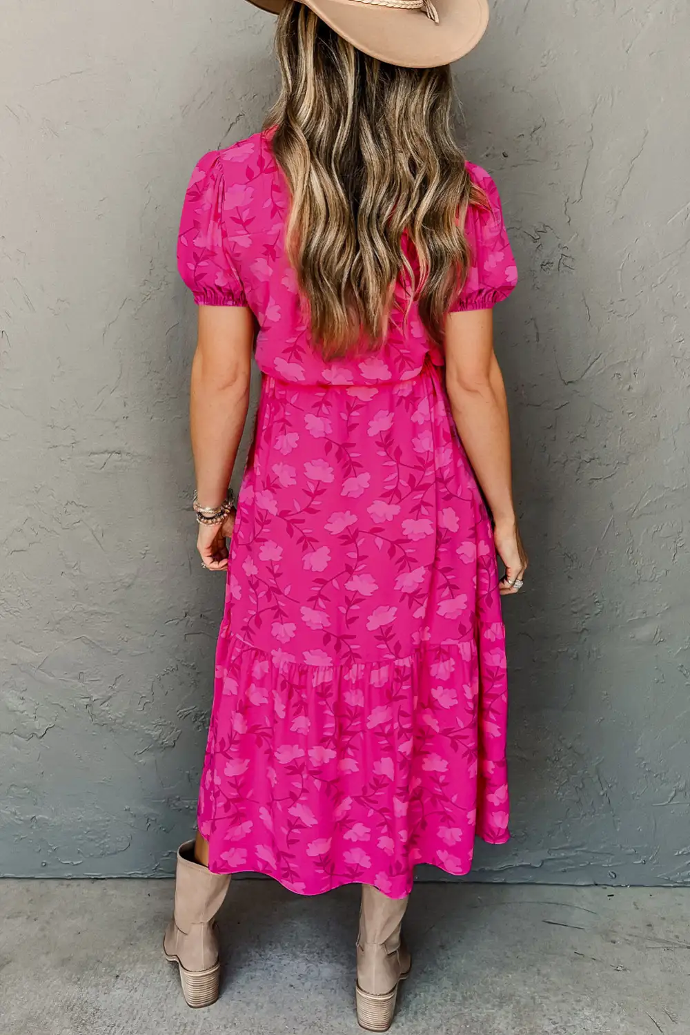 Floral Pleated Drawstring Flowy Midi Dress