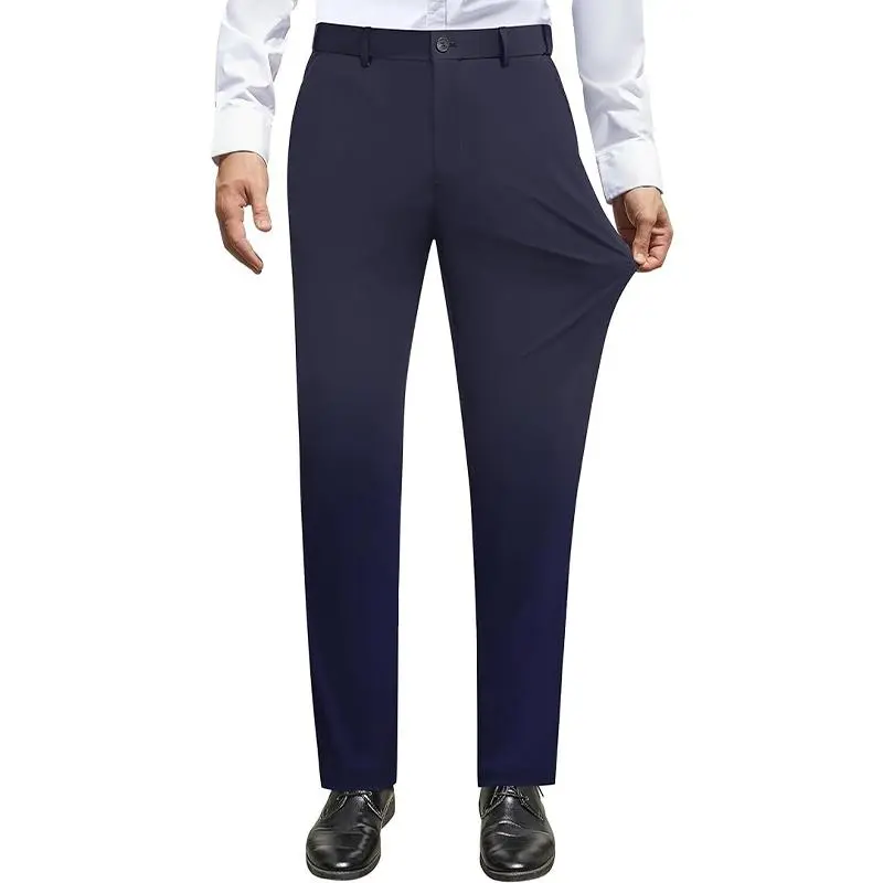 Men's No-Iron Stretch Dress Pants | Expandable Waist Flat Front Golf Pants for Business & Casual Wear