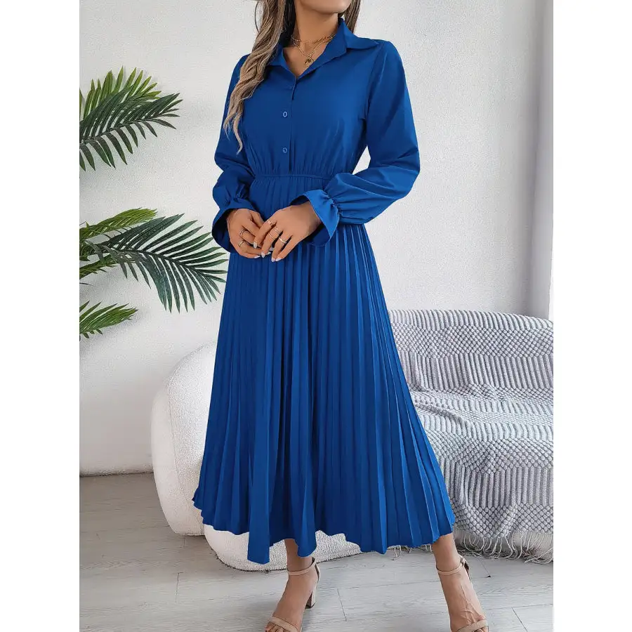 Pleated Half Button Long Sleeve Midi Dress