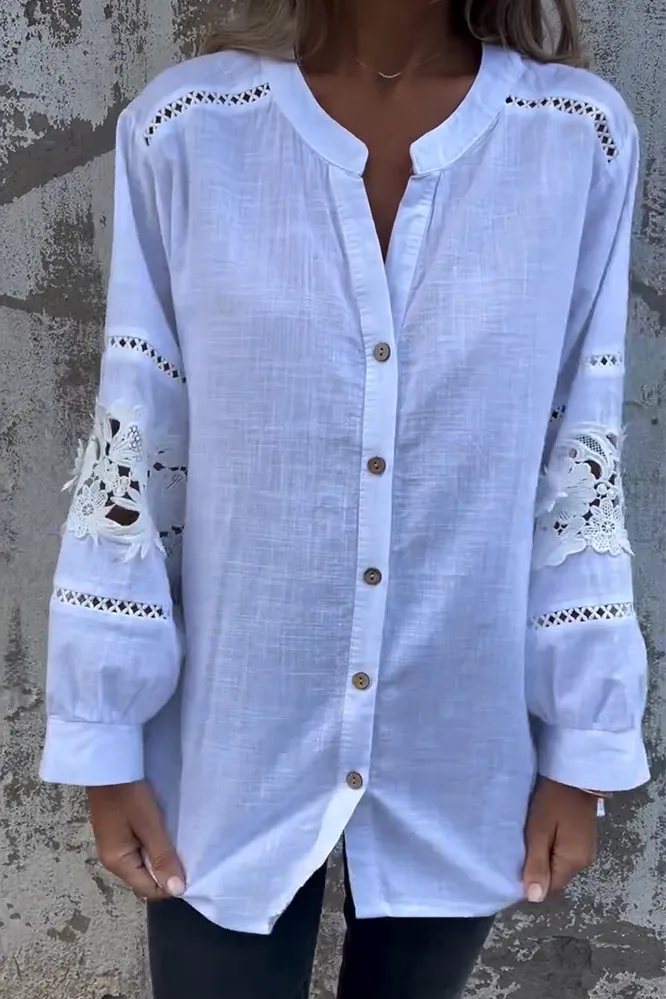 5PACK-Women'S Lace Stitching Cotton And Linen Shirt