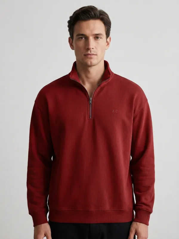 Men's Minimalist Embroidered Stand-Collar Quarter-Zip Sweatshirt
