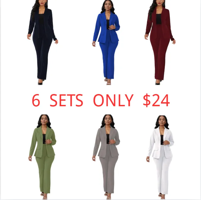 Women's Basic Plain Button Lapel Neck Blazer & Suit Pants