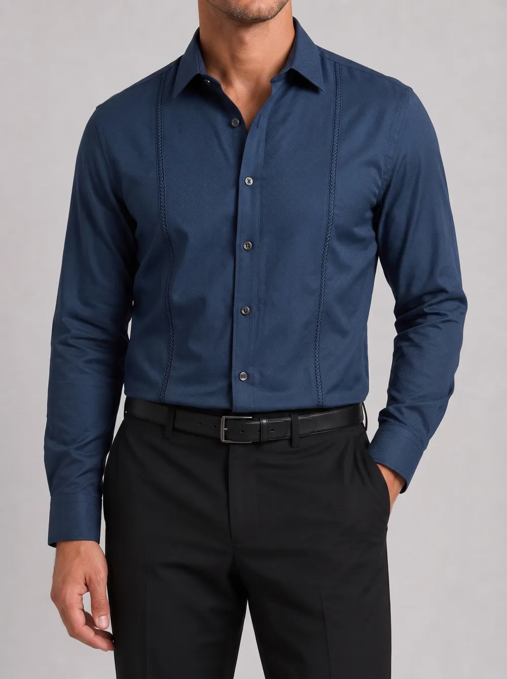 Men's Navy Blue Guayabera Embroidered Long Sleeve Shirt