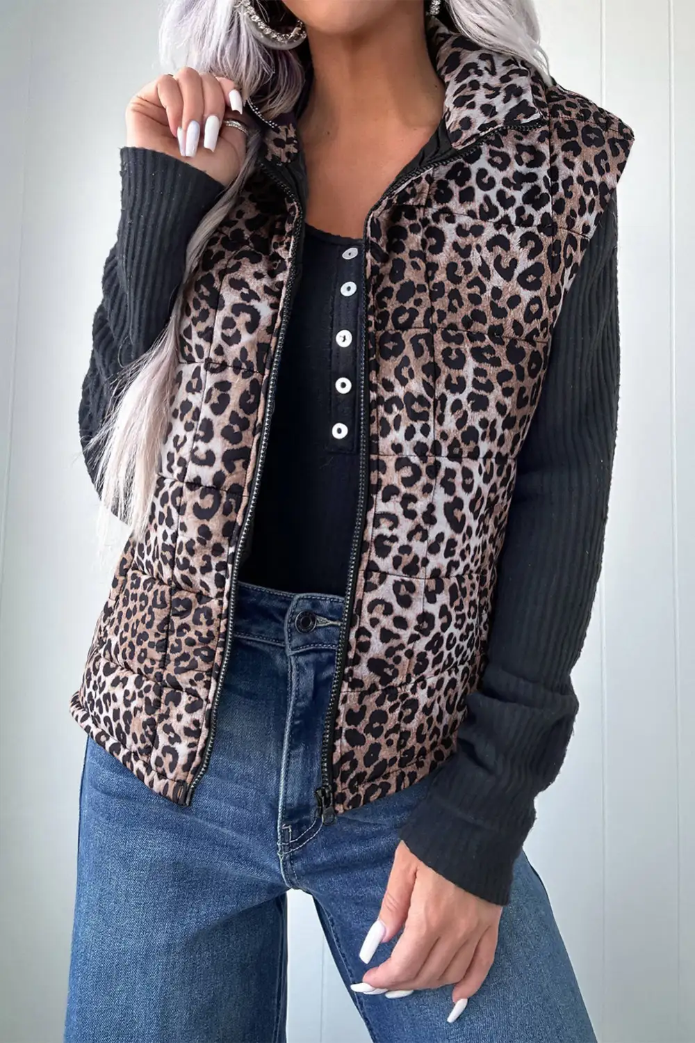 Leopard Quilted Full Zip Everyday Puffer Vest