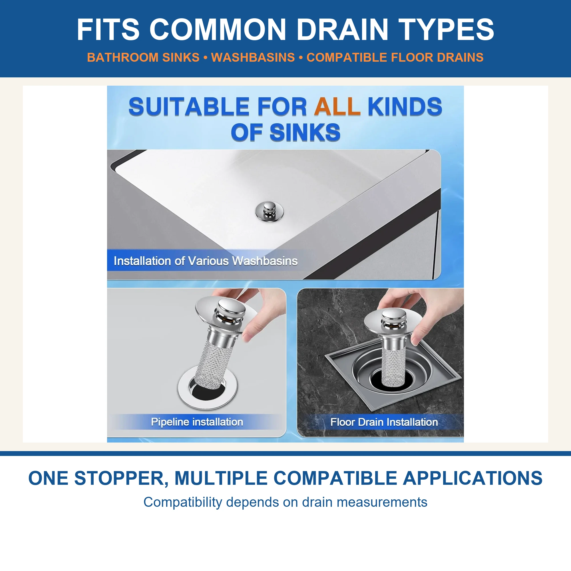 Universal Pop-Up Sink Drain Stopper with Stainless Steel Mesh Basket - Compatible Drain Types