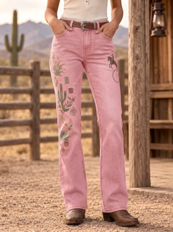 Women's Western Cowboy Cactus Floral Embroidered Printed Jeans