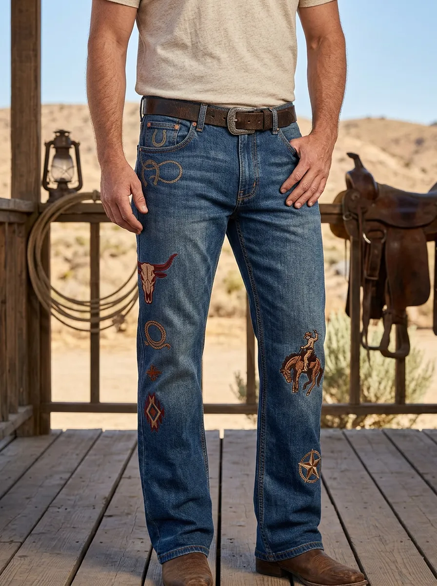 Men's Heritage Inspired Western Cowboy Rodeo Skull Jeans
