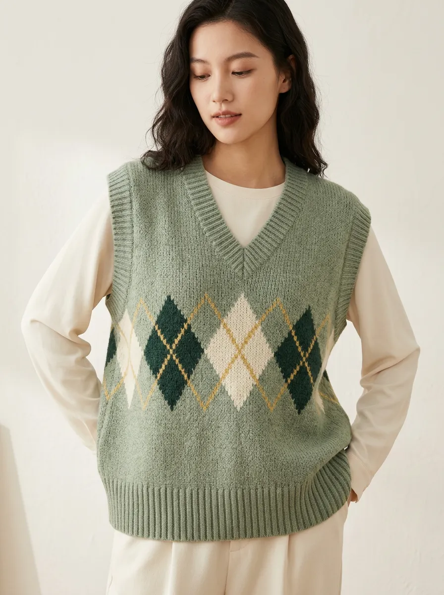 Preppy Argyle Textured Sweater Vest