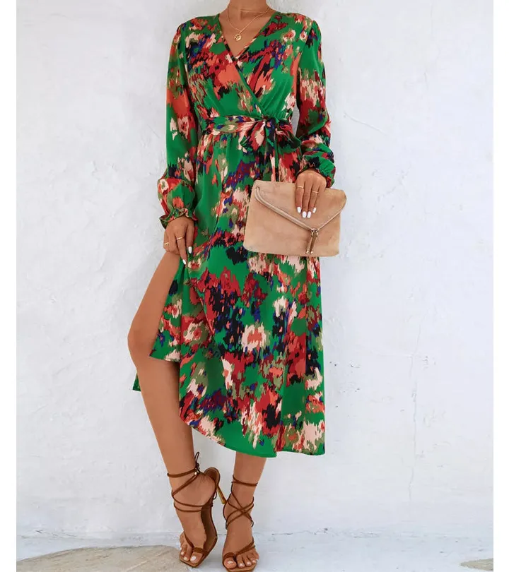 Printed Surplice Long Sleeve Midi Dress