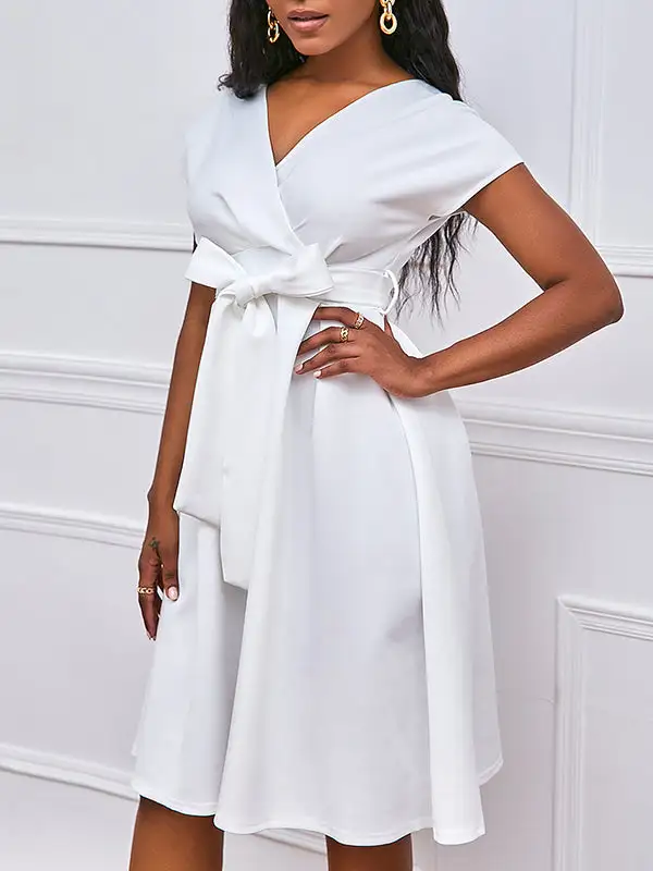 Bowknot Lace Up Solid Color V Neck Midi Dress