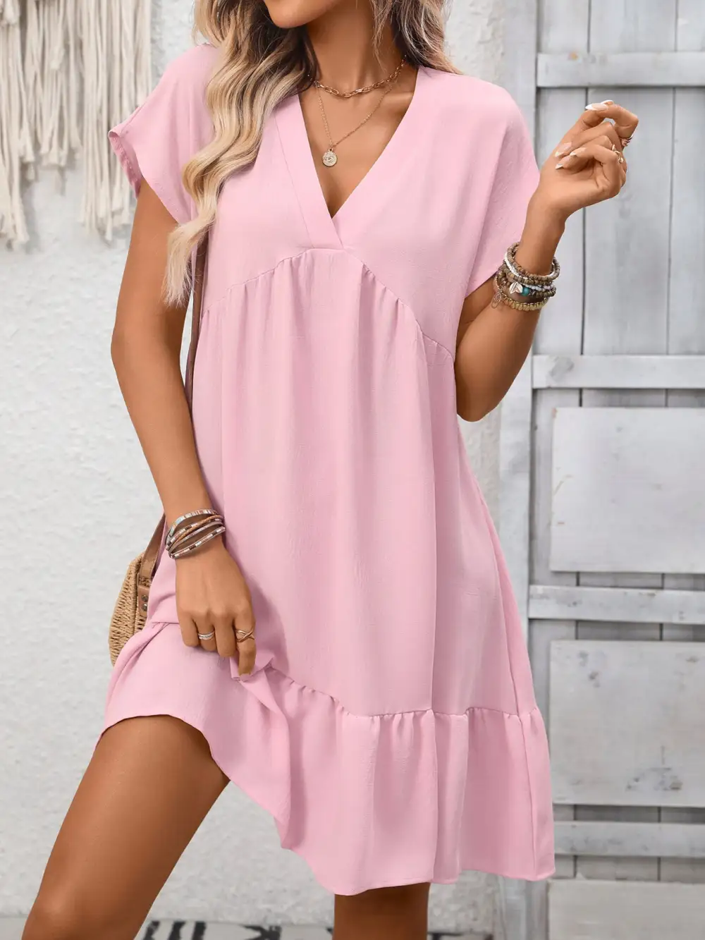 V Neck Ruffle Mini Dress