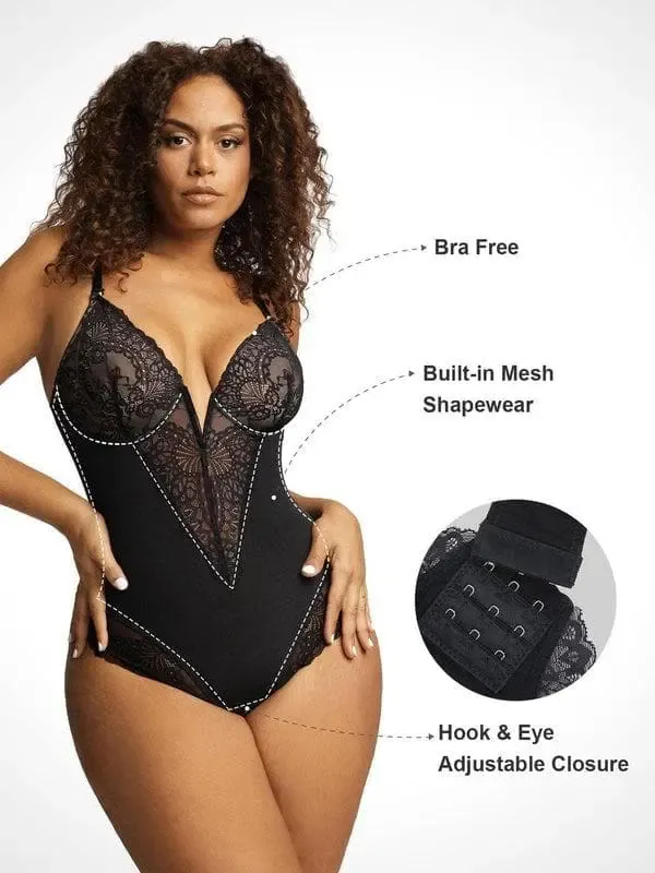 Womens Deep V Lace Bodysuit Built-in Shapewear Breathable Shaping Tops