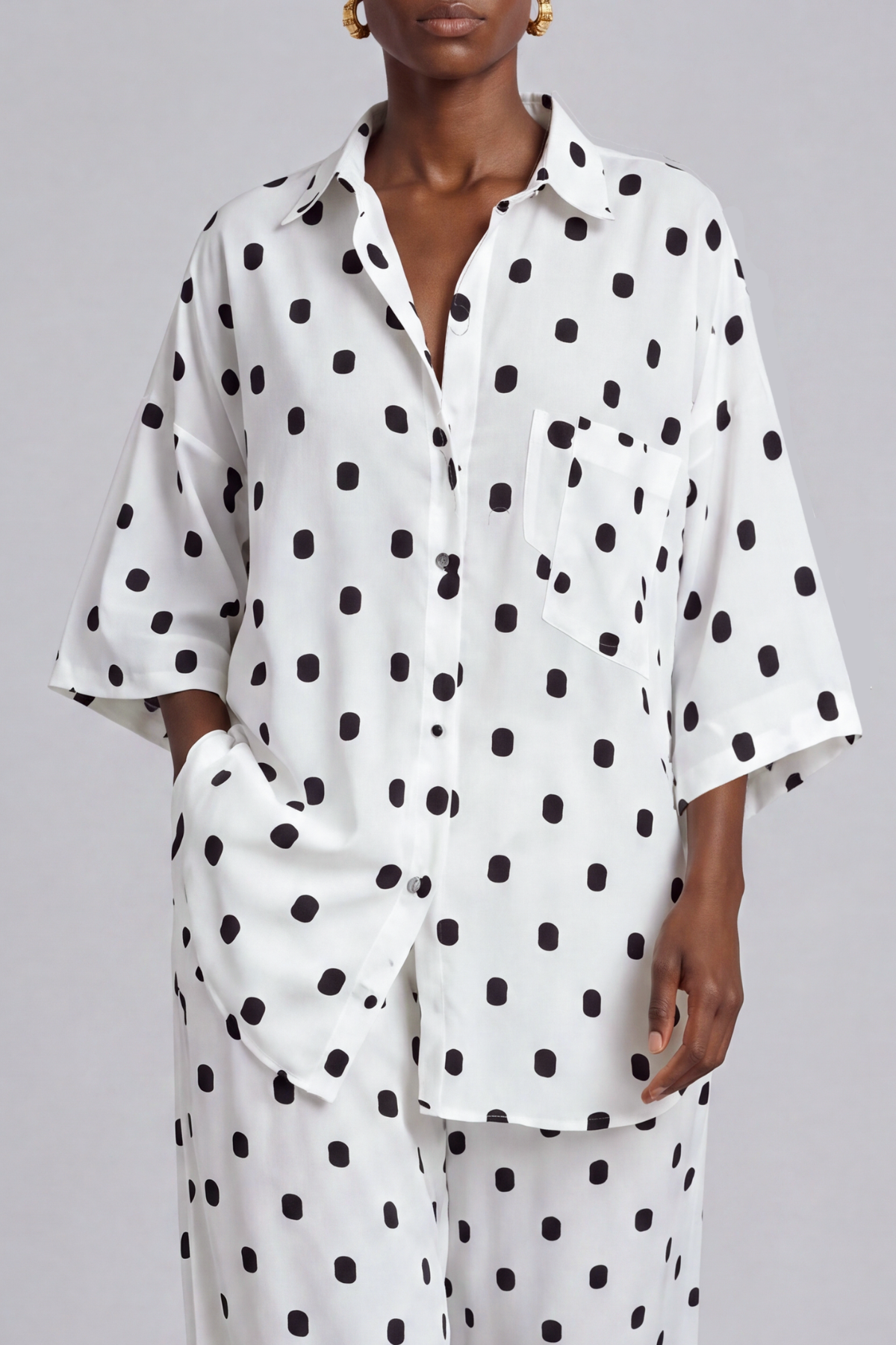 Wide Leg Button Front Polka Dot Matching Pants Set