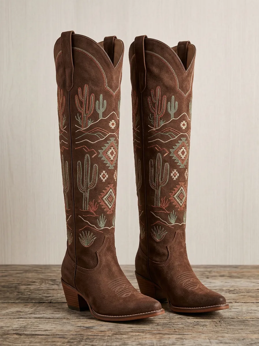Women's Western Cactus Geometric Embroidered Block-Heel Stacked-Heel Denim Over-the-Knee Boots