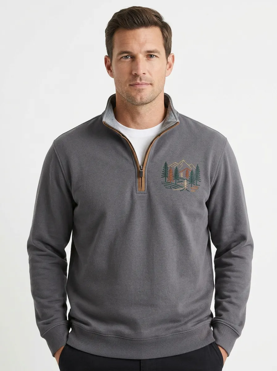 Men's Nature Mountain Forest Embroidered Quarter-Zip-Neck Sweatshirt