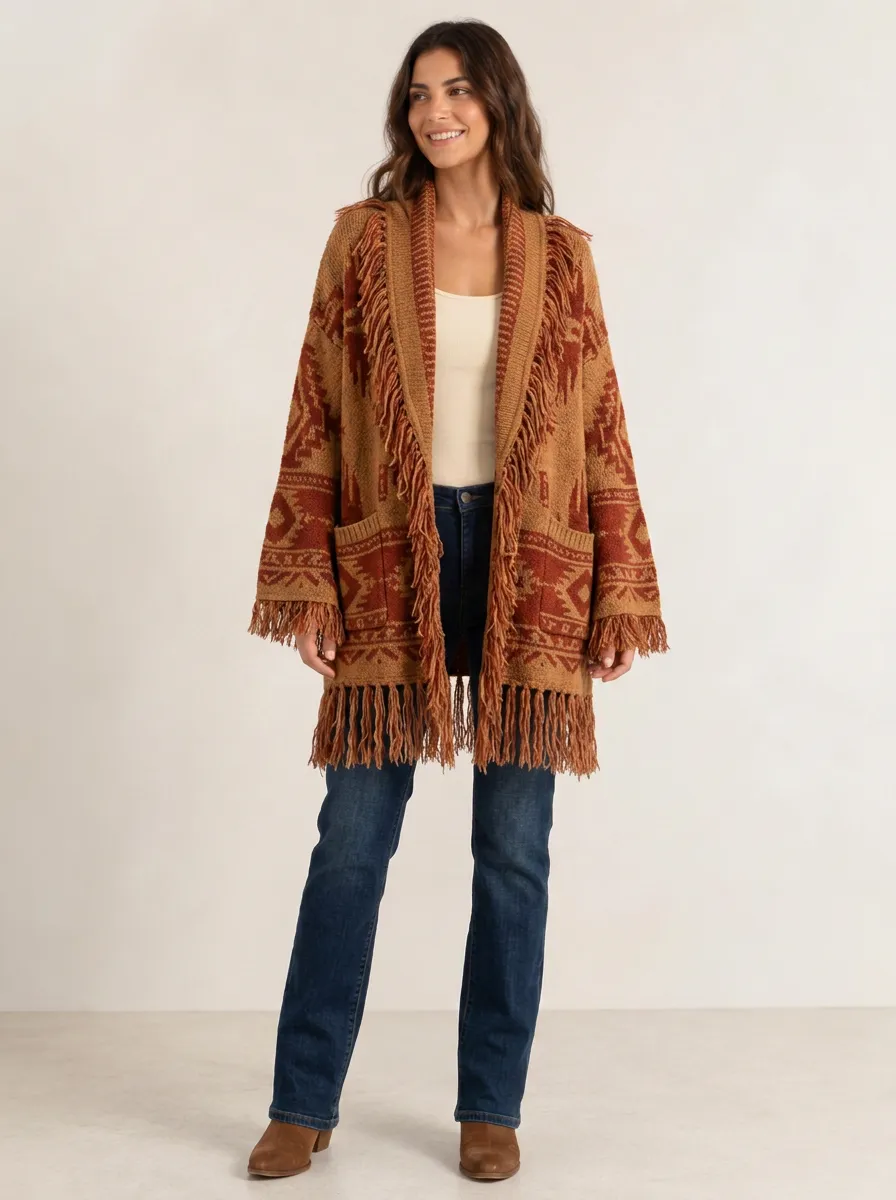 Women's Boho Southwestern Pattern Fringed Knitted Cardigan