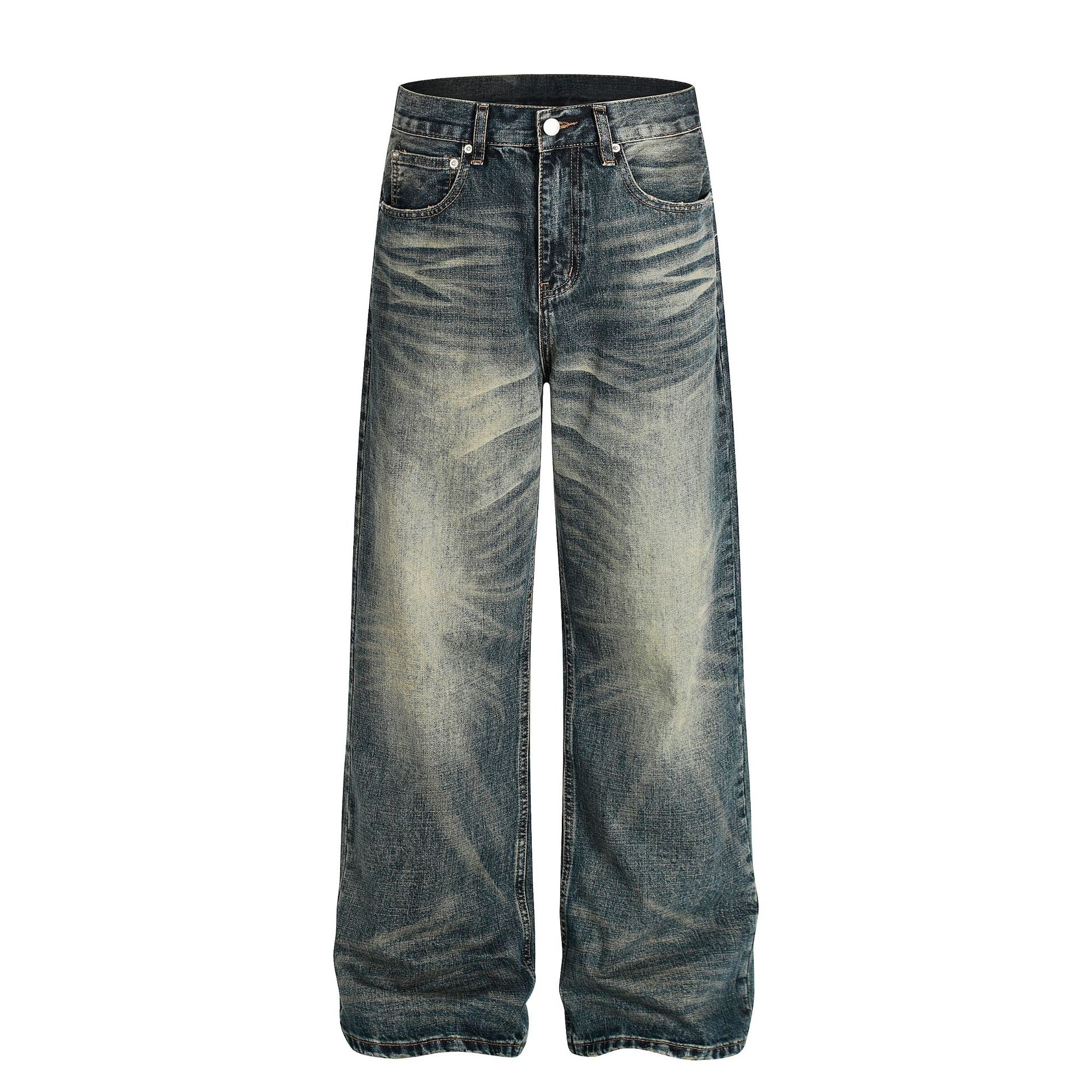 Distressed Washed Blue Whisker Denim Jeans