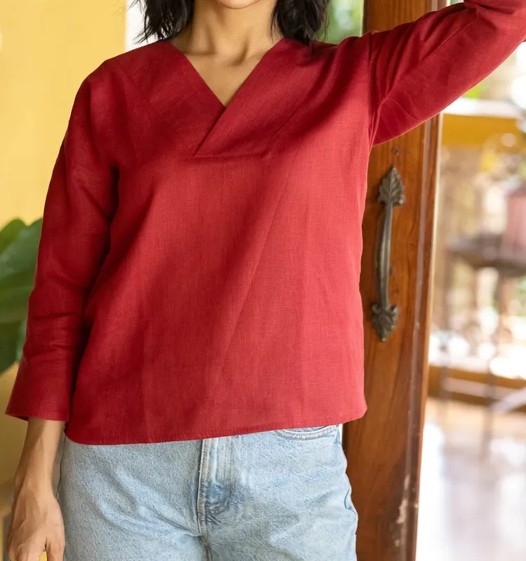 Rust Red Linen V-Neck Top