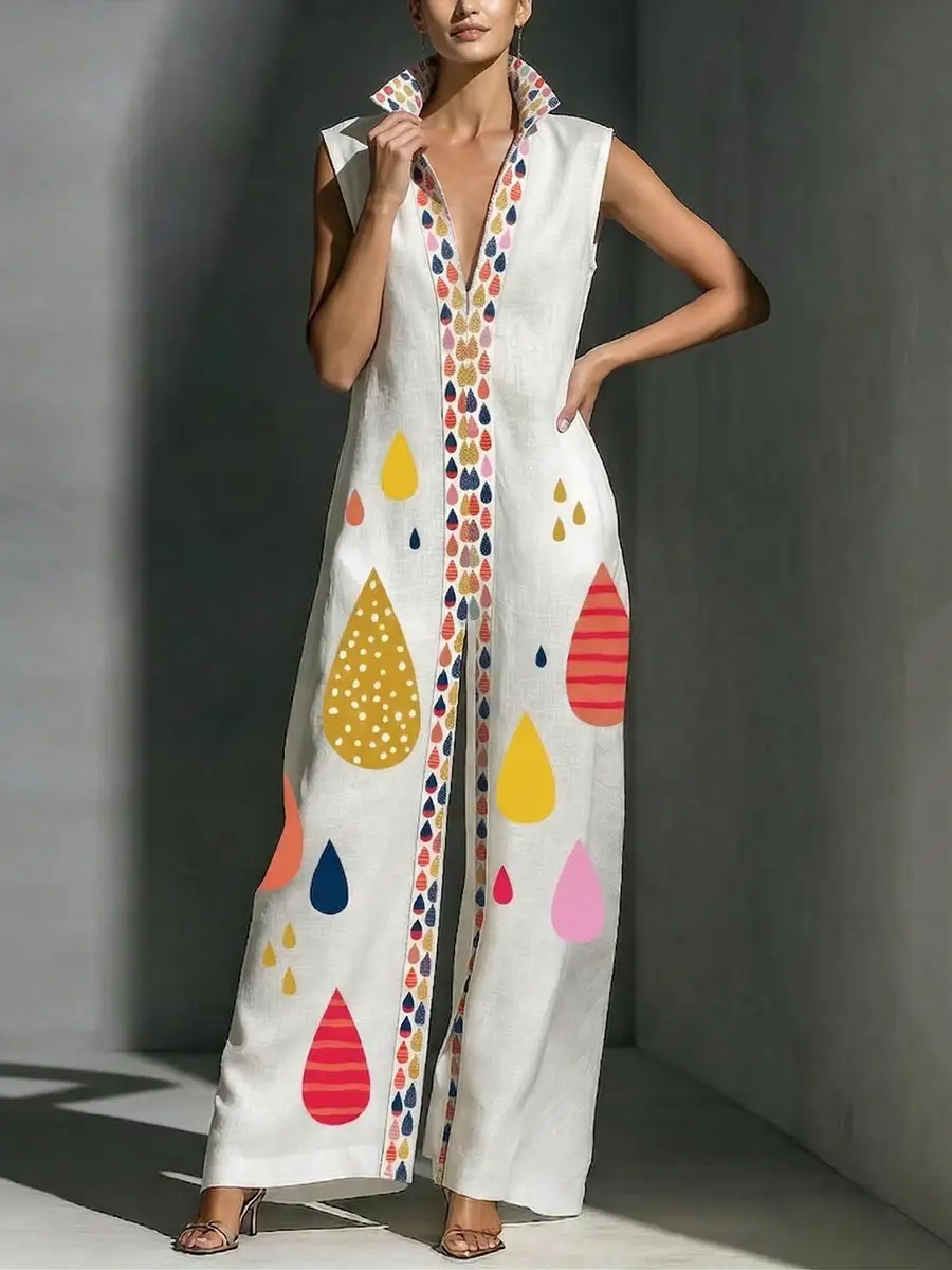 Kolom Losse Jumpsuits Met Contrasterende Kleuren Bedrukte Split