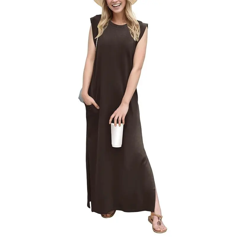 6PACK-Summer Round Neck Casual Loose Split Wrinkle-Free Long  Dress
