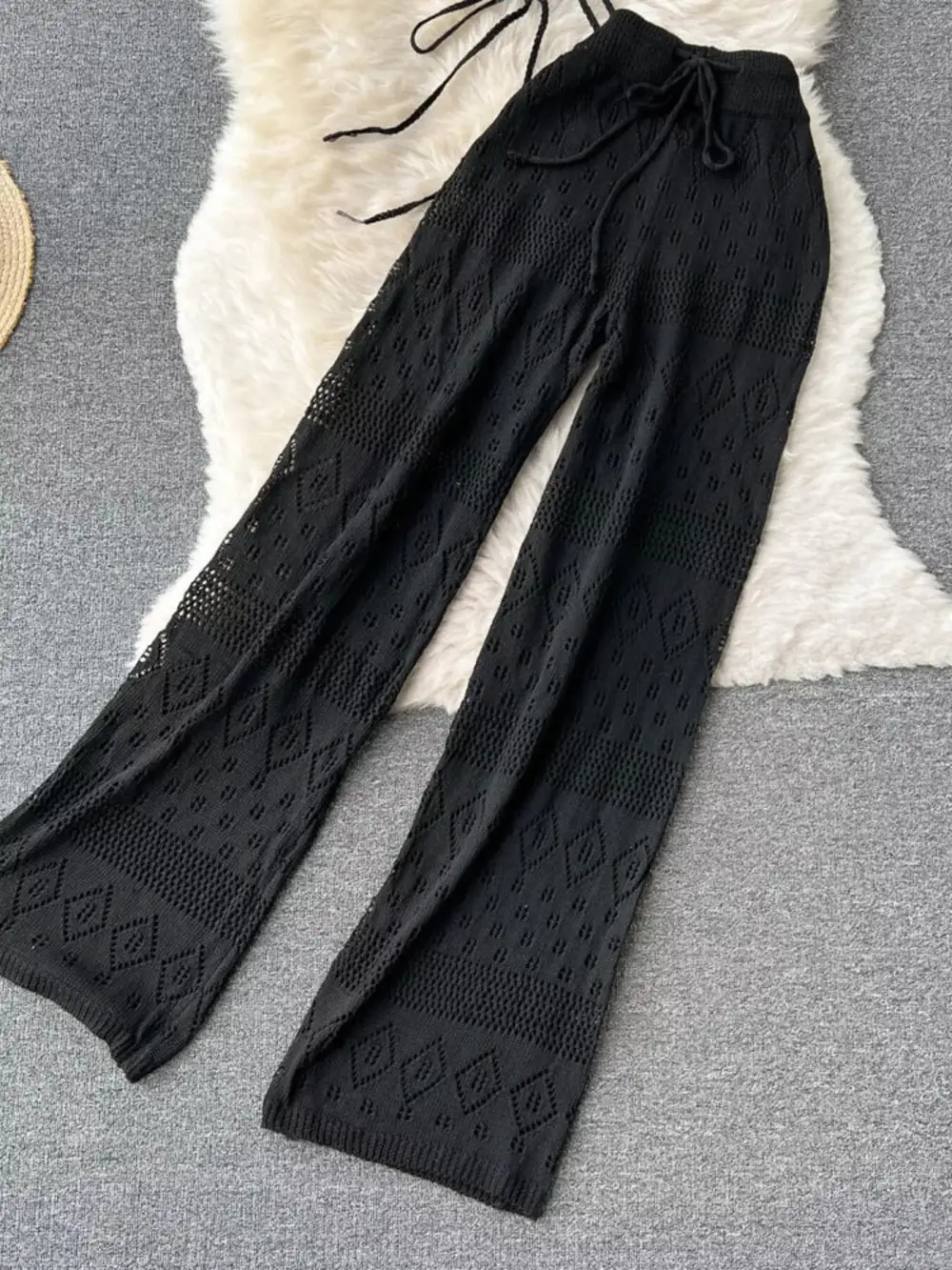 Crochet Knit Halter Neck Top and Wide Leg Pants