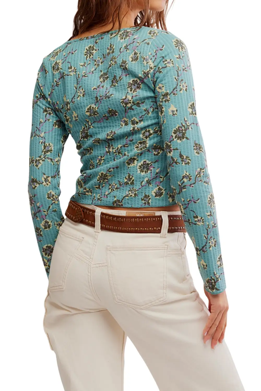 Floral Ribbed Button Front Long Sleeve Top