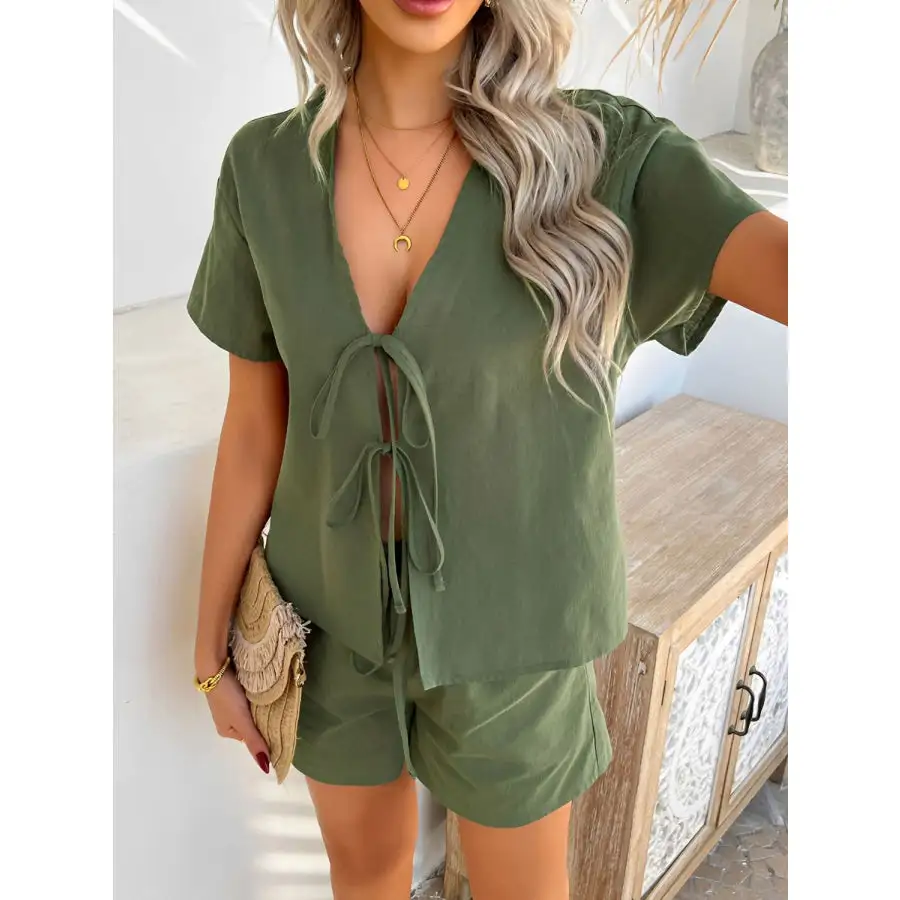 Tied V Neck Short Sleeve Top and Shorts Set