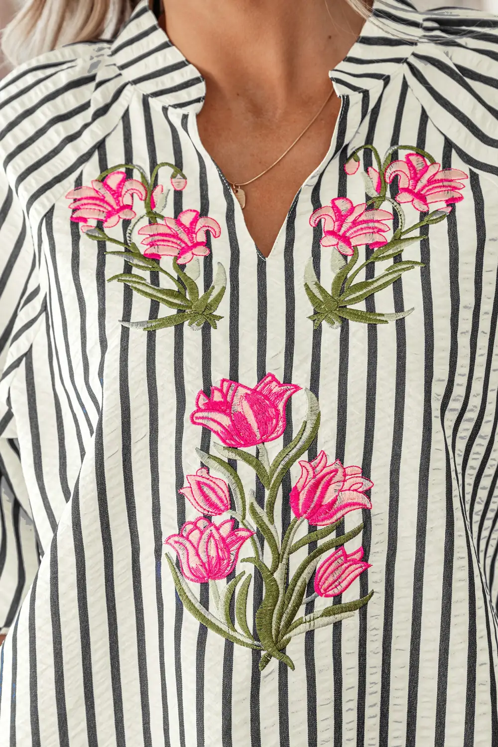 Striped Floral Embroidered Blouse
