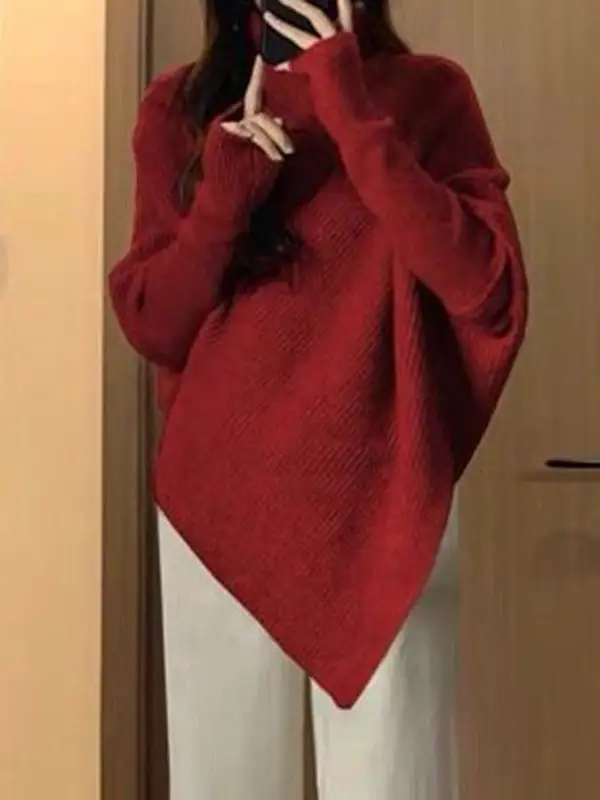 Velvet Detail Asymmetric High Neck Long Sleeve Relaxed Fit Pullover Sweater