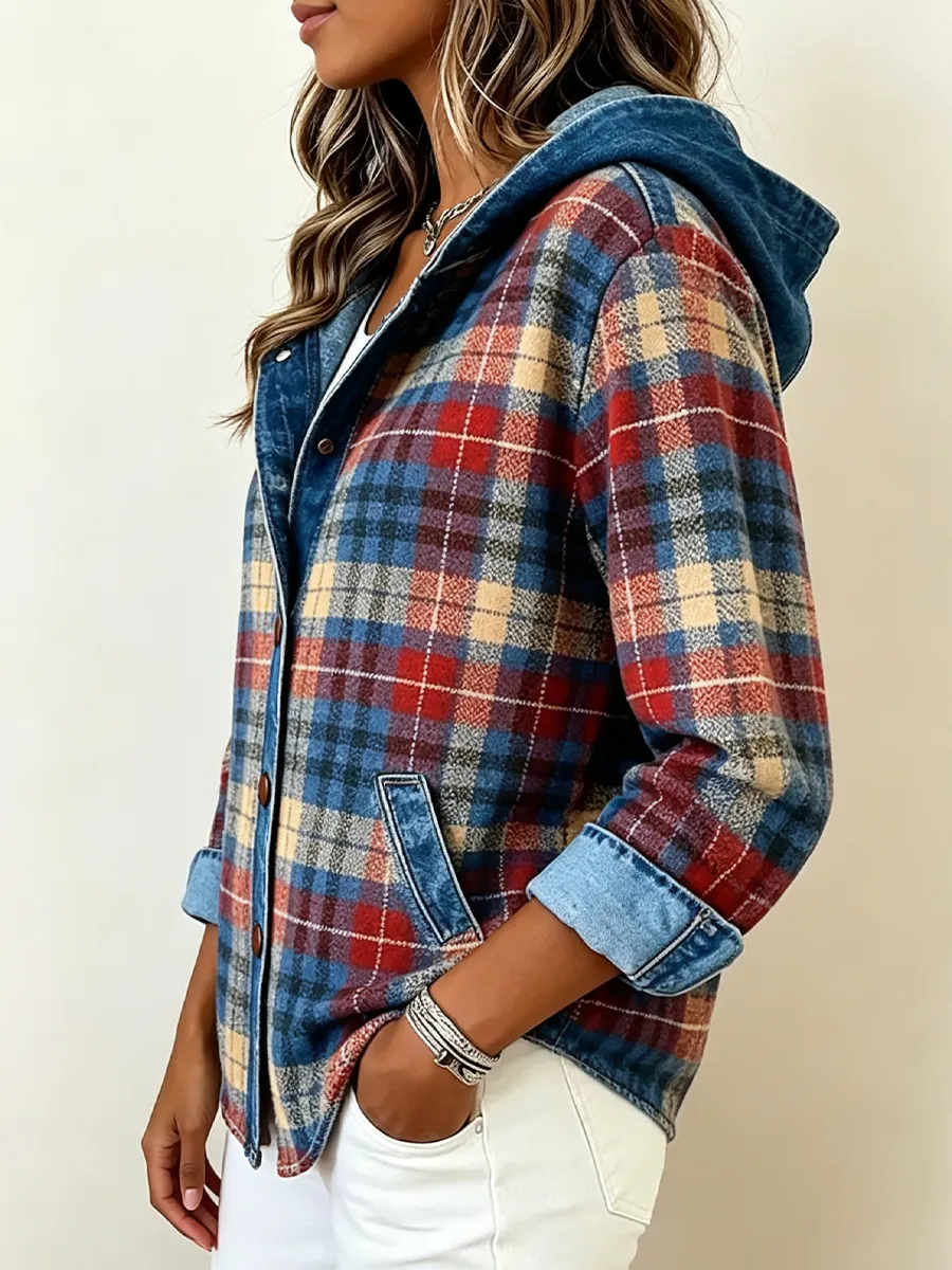 Color-block Plaid Hooded Jacket
