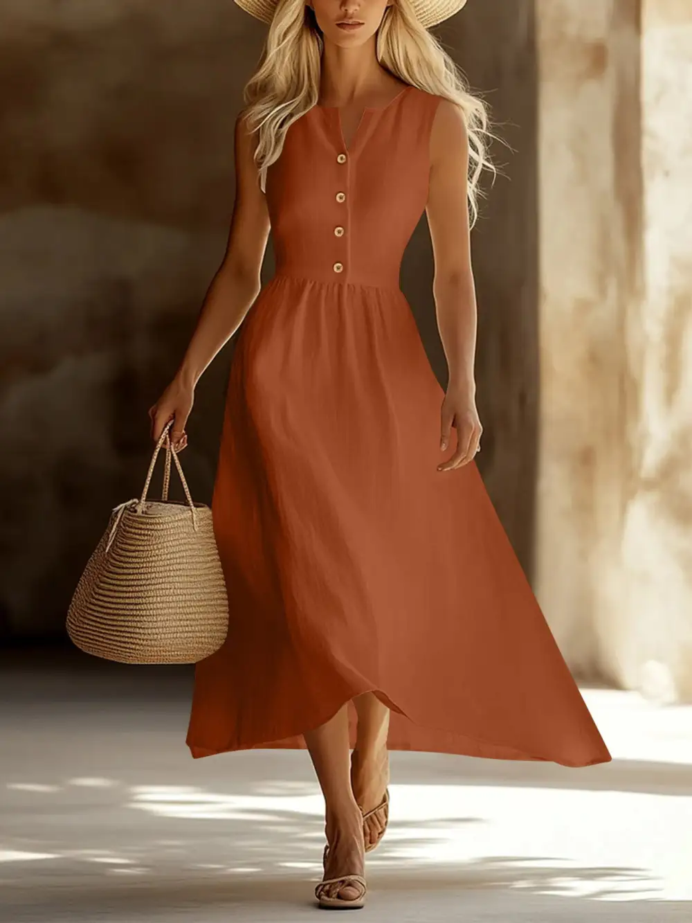 Clean Line Button Front Sleeveless Midi Dress