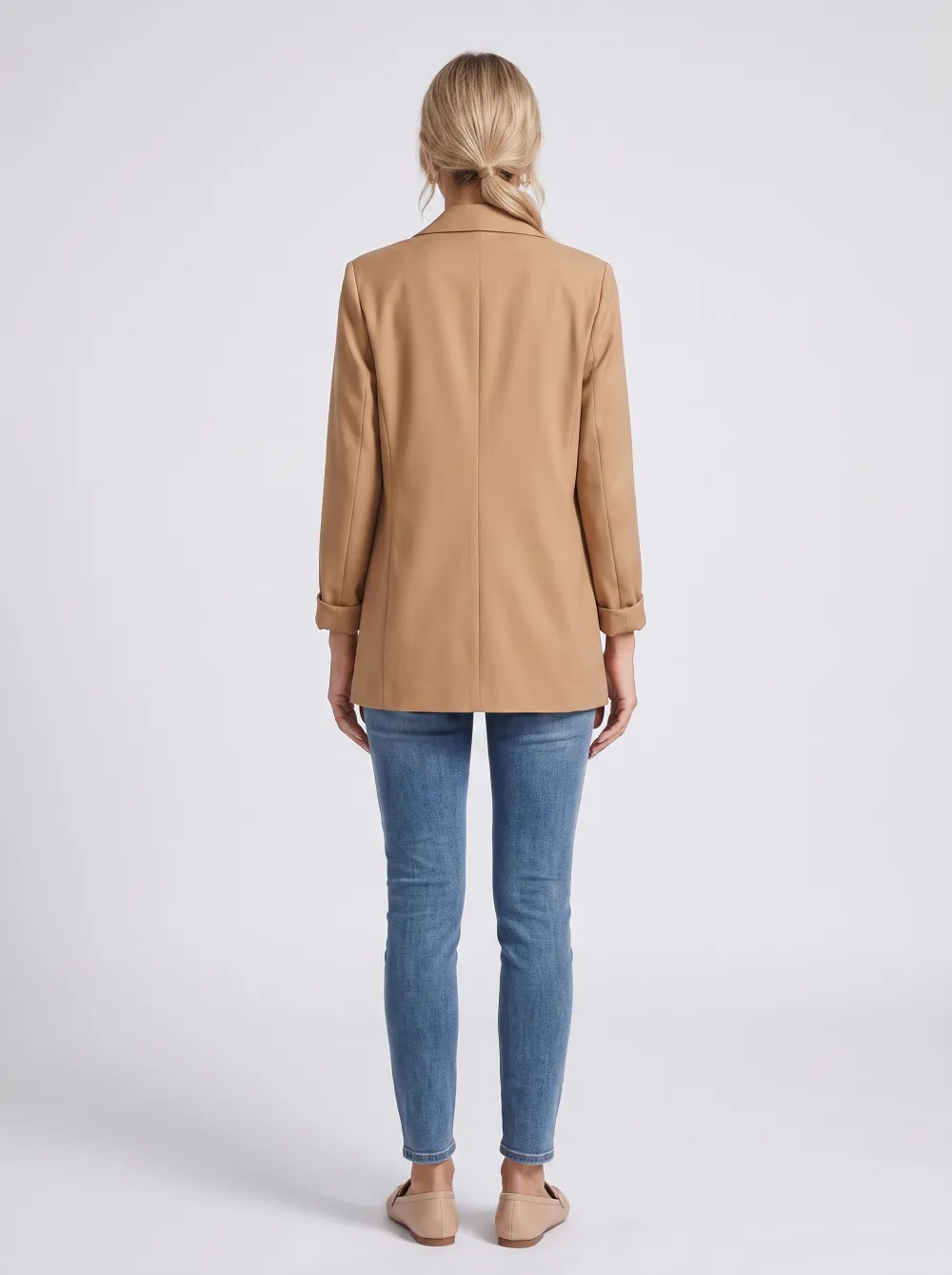 Women's Casual Business Camel Solid Color Buttoned Blazer Jacket