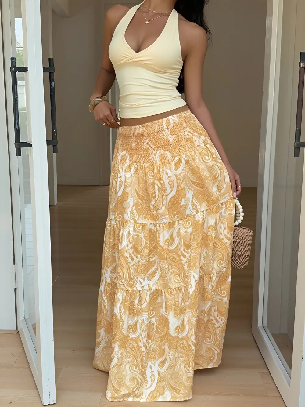 Boho Paisley Smocked Tiered A-Line Skirt