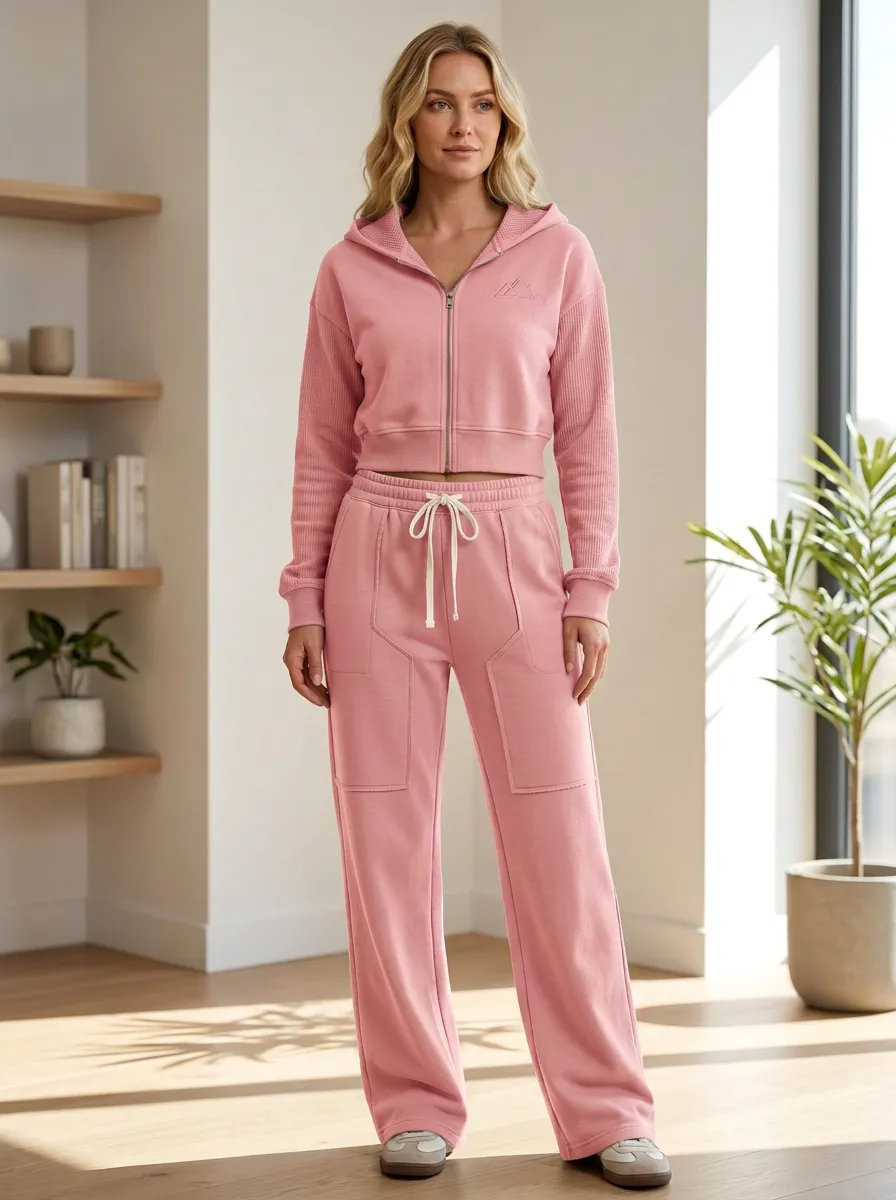 Women's Outdoor Hiking Mountain Embroidered Zip-up Hoodie Sweatpants Set