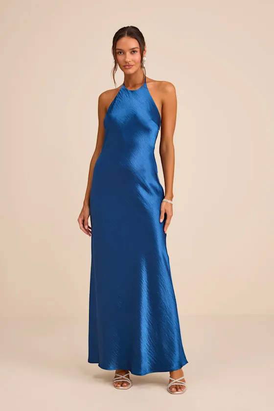 Magnificence Blue Satin Backless Halter Maxi Dress
