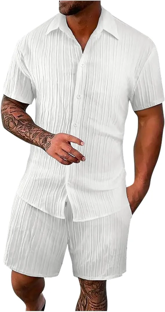 Men'S Solid Textured Short Sleeve Button Front Shirt & Pocket Drawstring Waist Shorts Two-Piece Set, Casual Summer Outfits Clothes Set For Men, Sets For Men Clothing, Menswear,  Summer Outfits Set