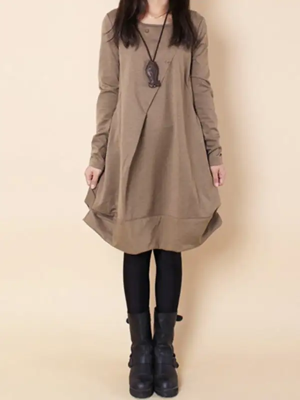A Line Long Sleeve Pleated Solid Color Round Neck Dress Maxi