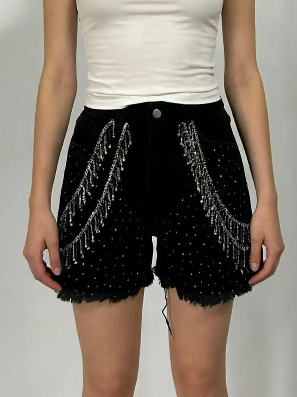 Raw Hem Rhinestone Detail Denim Shorts