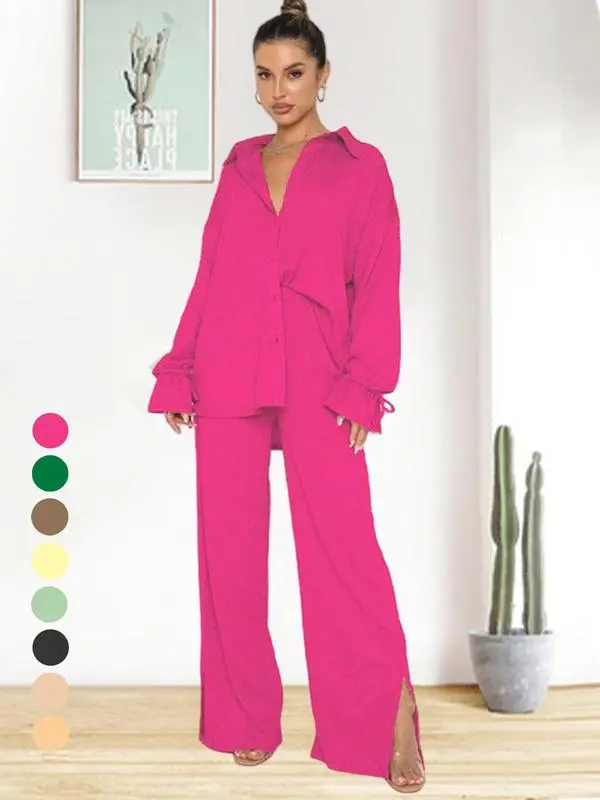 Women's Button-Front Shirt & Split-Hem Pants Set - Flounce Sleeve Top & Wide-Leg Trousers