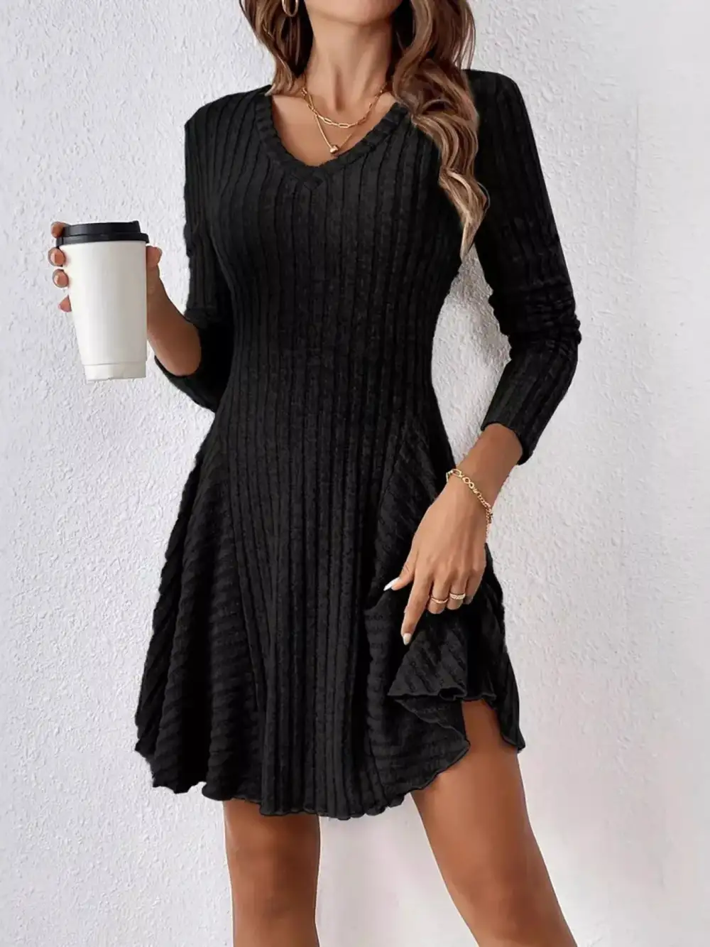 Ribbed Knit Long Sleeve Sweater Dress
