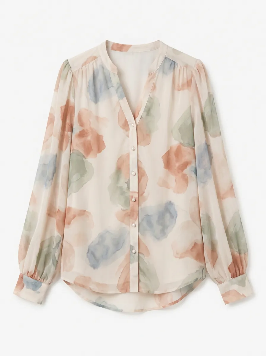 Women's Abstract Watercolor Floral Printed V-Neck Blouse