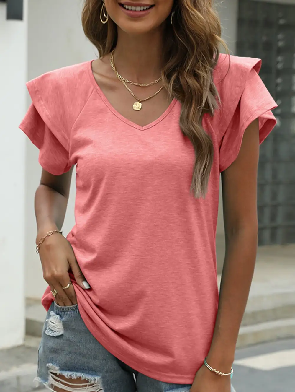 Solid Color V-Neck Ruffle Sleeve T-Shirt