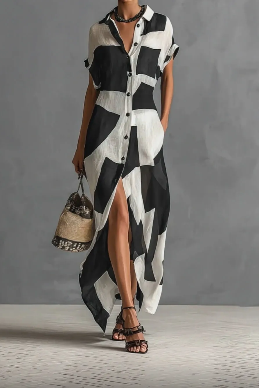 Irregular Geometric Print Lapel Maxi Dress